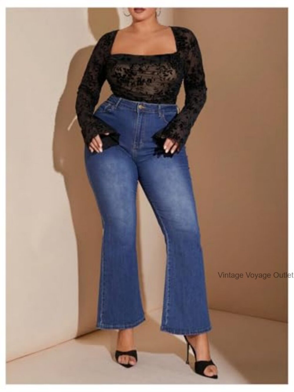 Plus Size Floral Mesh Bodysuit Long Bell Sleeve Square Neck - Picture 4 of 5